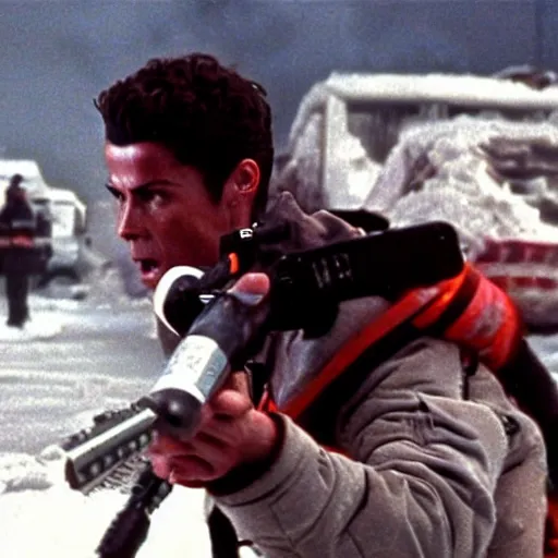 Image similar to movie still of cristiano ronaldo with a flamethrower in the thing (1982), john carpenter, cinematic,