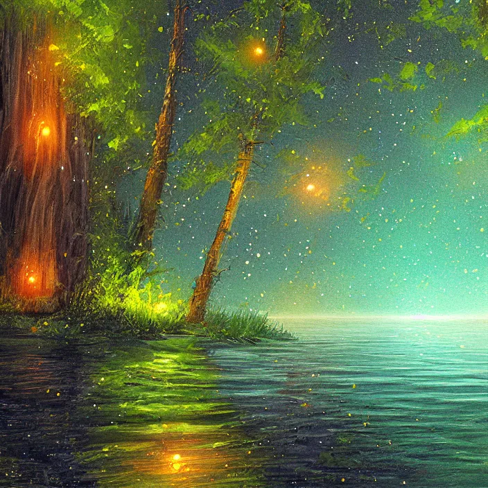 Prompt: lake trees night fireflies glowing above water digital painting concept art