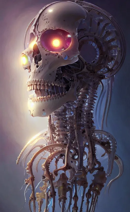 Image similar to Cyborg biomechanical jellyfish skeleton, sci-fi, highly detailed, digital painting, artstation, concept art, smooth, sharp focus, illustration, art by artgerm and greg rutkowski and alphonse mucha