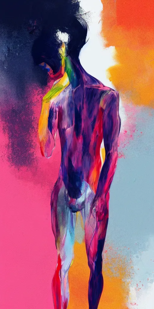 Prompt: abstract flowing brush strokes of the torso of one thin athletic man posing dramatically with no face, closeup, matte paint colors, conrad roset, dark abstract background, painting trending on artstation