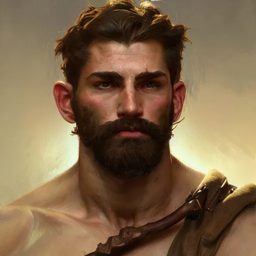 Image similar to portrait of a young rugged ranger, muscular, bust, hairy chest, D&D, fantasy, intricate, cinematic lighting, highly detailed, digital painting, artstation, concept art, smooth, sharp focus, illustration, art by Artgerm and Greg Rutkowski and Alphonse Mucha