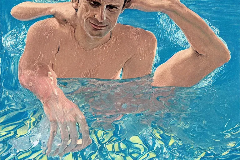 Prompt: emmanuel macron underwater swimming in a pool in california house, wearing small speedo, water is shimmering, by david hockney, peter doig, lucien freud, francis bacon, bouguereau, norman rockwell, pop surrealism
