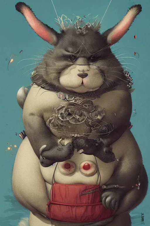 Prompt: a portrait of a fatty cute japanese devil animal illustrated by miyazaki by karol bak, james jean, tom bagshaw, rococo, sharp focus, trending on artstation, cinematic lighting, hyper realism, octane render, 8 k, hyper detailed, vivid, ultra detailed, highly detailed