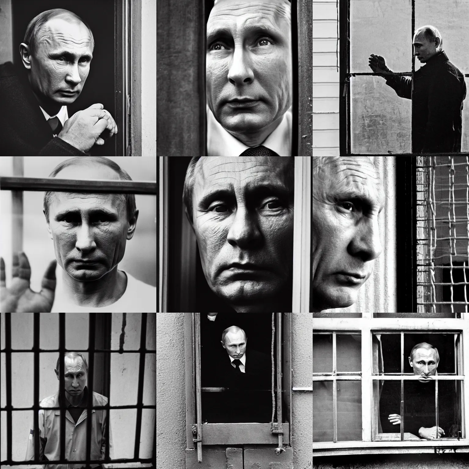 Prompt: a very sad and old wrinkled vladimir putin ( ( in prison clothes looking sadly out of the prison window with prison bars ) ). detailed professional 3 5 mm black and white photo by don mccullin and anders petersen world press photo award