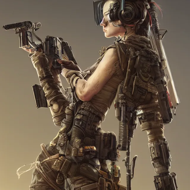 Image similar to the portrait of lawful neutral female cyberpunk infantry sniper as absurdly beautiful, gorgeous, elegant, young woman looking up, an ultrafine hyperdetailed illustration by kim jung gi, irakli nadar, intricate linework, bright colors, octopath traveler, final fantasy, unreal engine 5 highly rendered, global illumination, radiant light, detailed and intricate environment