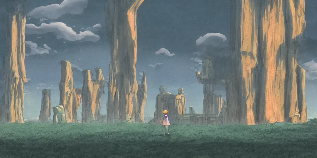 Image similar to a realistic cell - shaded studio ghibli concept art from paprika ( 2 0 0 6 ) of shouxing from close encounters of the third kind ( 1 9 7 7 ) in a flooded monument valley stonehenge. very dull colors, wide shot, hd, 4 k, hq