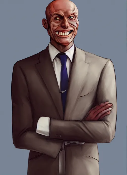 Prompt: a hyper realistic portrait of a smiling male alien in a suit for adverisement, artstation