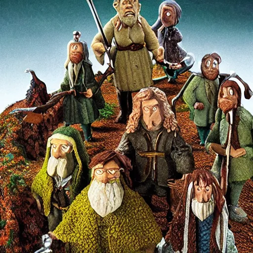 Prompt: claymation fellowship of the ring movie poster, highly detailed, tilt shift, incredibly detailed, hyperrealism, highly textured, award winning god rays