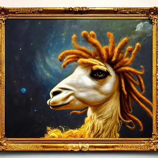 Prompt: detailed baroque portrait of a llama with dreadlocks, realistic creature concept, heroic pose, space nebula in background, Ilya Repin oil painting, by chriss foss, 4k, artstation
