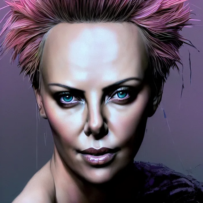 Prompt: portrait of charlize theron as a punk rock girl. intricate abstract. intricate artwork. by tooth wu, wlop, beeple, dan mumford. octane render, trending on artstation, greg rutkowski very coherent symmetrical artwork. cinematic, hyper realism, high detail, octane render, 8 k, iridescent accents
