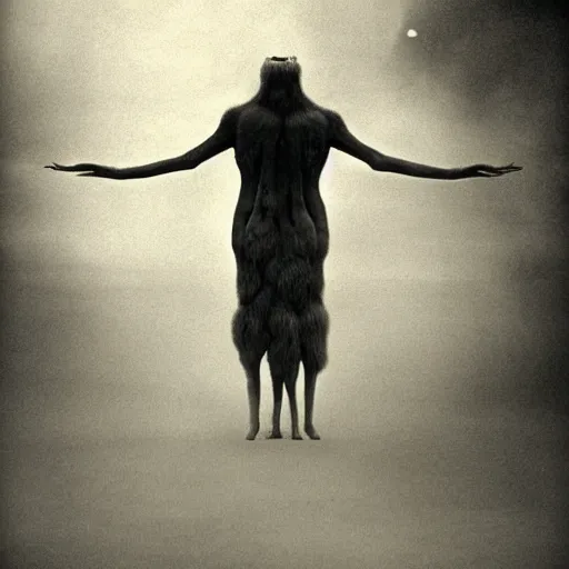 Prompt: vintage snap photography of realistic walking faceless beast-god with many long arms, a huge body covered with deep furs by Zdzisław Beksiński, odd eye, dark fantasy, fat, unbalanced , blur, haze, fog, vignetting, platinum printing