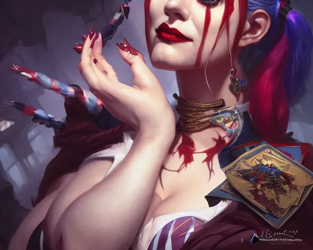 Image similar to photography of harley quinn, deep focus, d & d and mtg, fantasy, intricate, elegant, highly detailed, digital painting, artstation, concept art, matte, sharp focus, illustration, hearthstone, art by artgerm and greg rutkowski and alphonse mucha