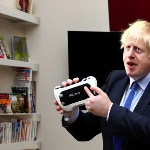 Image similar to Boris Johnson showing off his Nintendo Wii, happy shocked facial expression, 4k, 8k