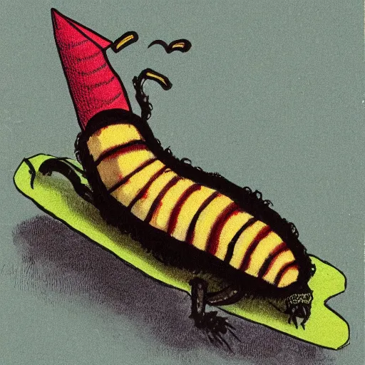 Prompt: caterpillar with galoshes and a dunce cap