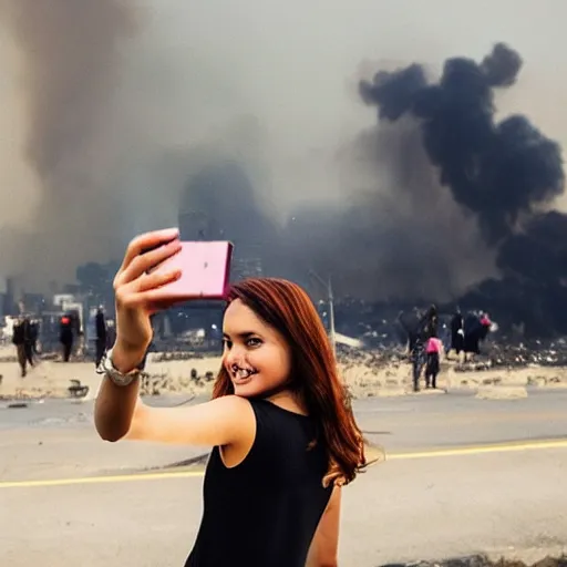 Prompt: girl taking selfie while city burns in background