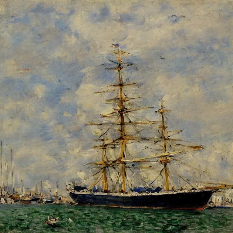 Image similar to a master painting of a big ship docked at the harbor, sharp focus, very detaied, by berthe morisot