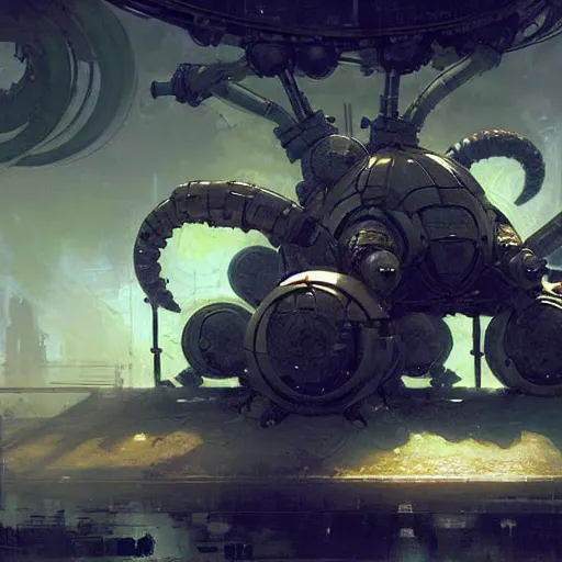 Prompt: snail robot, snail machine, spiral shapes, mecha, mech, technological horror, dnd, painting by gaston bussiere, craig mullins, greg rutkowski, yoji shinkawa