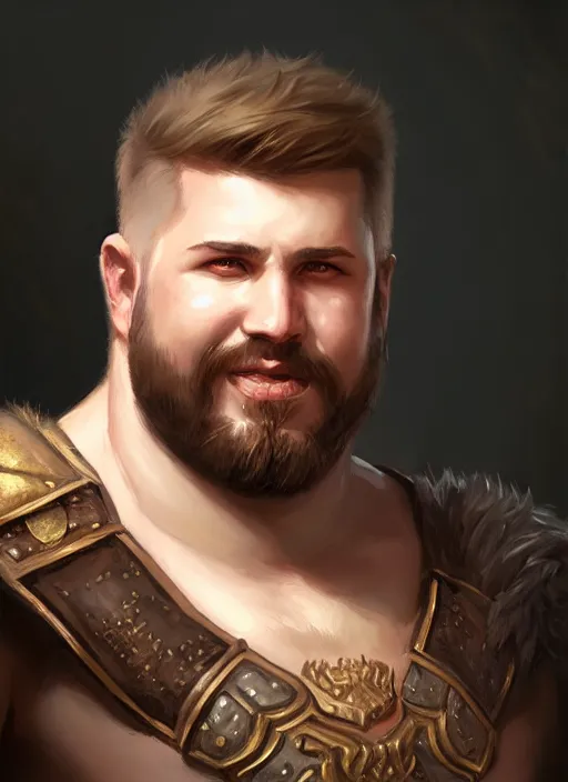 Image similar to a _ fantasy _ style _ portrait _ painting _ of chubby white barbarian male very short hair short stubble, brown hair, rpg dnd oil _ painting _ unreal _ 5 _ daz. _ rpg _ portrait _ extremely _ detailed _ artgerm _ greg _ rutkowski _ greg