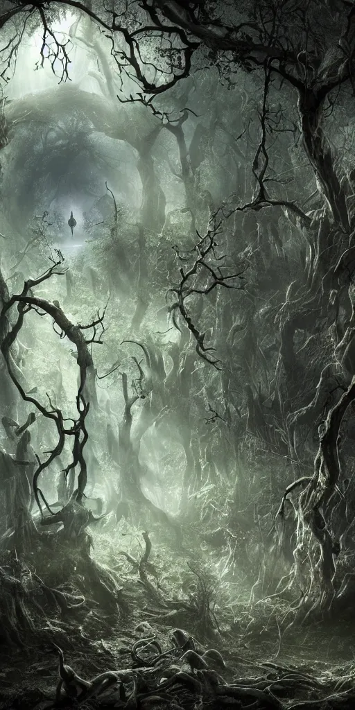 Prompt: a mysterious sinkhole by an ancient forest of gnarled trees, an ecological gothic scene, a bewitching darkness, witch runes in the deep forest surrounding the sinkhole, magical clearing, sunshafts, dramatic lighting, dust motes floating in the sunlight, 4 k concept art