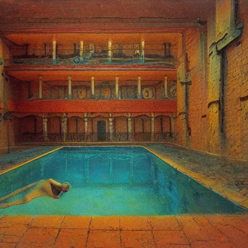 Prompt: painting of a scifi ancient civilzation victorian swimming pool, beksinski