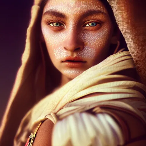 Prompt: photographic portrait of a stunningly beautiful renaissance female in traditional hopi dress, white irises and dark eye makeup, in soft dreamy light at sunset, god rays, contemporary fashion shoot, by edward robert hughes, annie leibovitz and steve mccurry, david lazar, jimmy nelsson, extremely detailed, hyperrealistic, perfect face, octane render