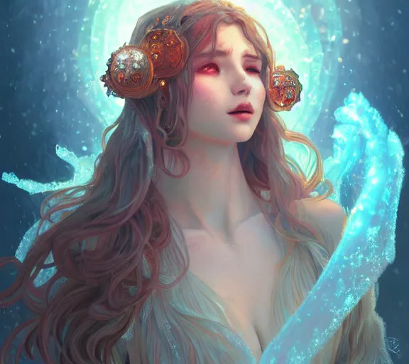 Image similar to beautiful ancient! frost witch, fire in eye, snow glow, pool party, highly detailed, digital painting, artstation, sharp focus, illustration, art by tan zi and ayanamikodon and alphonse mucha and wlop