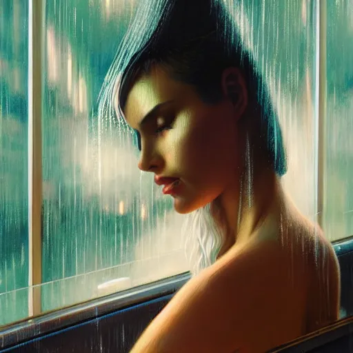 Prompt: detailed face of a woman, lush, opulent, enclosed, utopian, tech noir, wet reflections, prism, atmospheric, ambient, pj crook, syd mead, livia prima, artgerm, greg rutkowski, nick alm, casey baugh