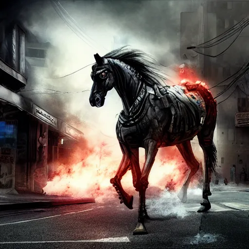 Prompt: apocalyptic, a terminator horse walking on the future street. smoke. volumetric lighting, sharp focus, ultra detailed, cgsociety - w 1 0 2 4 - n 8 - i