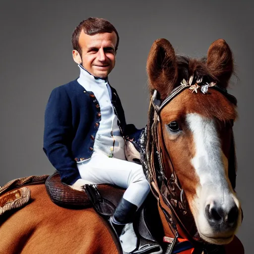 Prompt: closeup portrait of emmanuel macron dressed as napoleon riding a tiny miniature horse, natural light, sharp, detailed face, magazine, press, photo, steve mccurry, david lazar, canon, nikon, focus