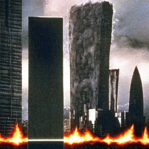 Image similar to nuclear missile destroy the world trace center towers, in american psycho ( 1 9 9 9 )