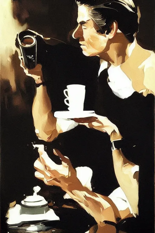 Prompt: dale cooper drinking coffee, coffee spilling, waves of black liquid, painting by jc leyendecker!! phil hale!, lynchian!!!! ominious, dark lighting, angular, brush strokes, painterly, vintage, crisp