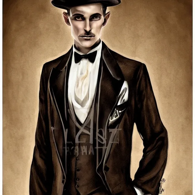 Image similar to photorealistic sepia full - head portrait of a 1 9 2 0 s era smirking male occultist, well dressed, long - tailed tuxedo coat, atmospheric lighting, dark, brooding, painted, intricate by thierry doizon, ultra detailed, well composed, best on artstation, cgsociety, epic, stunning, gorgeous, intricate detail, much wow, masterpiece