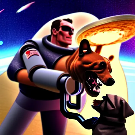 Image similar to t 8 0 0 terminator eating sandwich, hugging a cute puppy while surfing on a saxophone over rings of saturn in space, team fortress 2 sцcreenshot