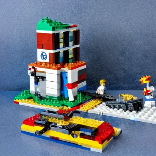 Prompt: a box of a lego set about a tsunami