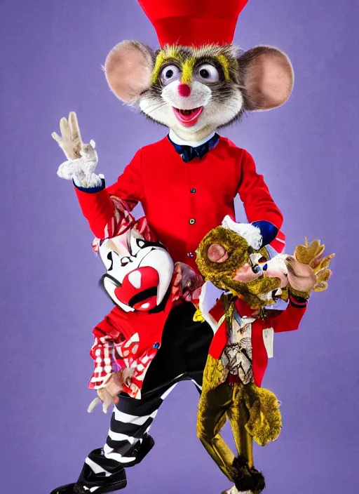 Image similar to Chuck E. Cheese mascot high quality 2013 circus portrait of an anthropomorphic rat animatronic dressed like a clown, professional portrait, Chuck E. Cheese head, authentic, mouse character, costume weird creepy, off putting, nightmare fuel, Chuck E. Cheese, abandoned building,