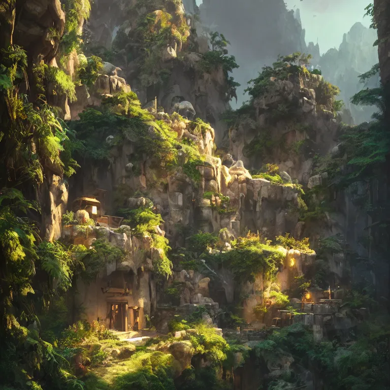 Image similar to secret overwatch living quarters carved inside a mountain surrounding a lush garden, trimmed, magical, natural light, fantasy, minimalist architecture, sharp focus, concept art, by greg rutkowski and craig mullins, atmospheric, octane render