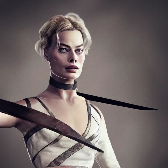 Image similar to margot robbie, broadsword in her hands, sword. very coherent symmetrical artwork. cinematic, high detail, octane render, 8 k