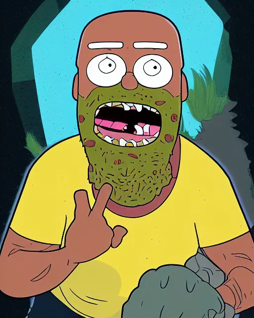 Image similar to portrait of dwayne johnson in the style of justin roiland. ugly, creepy, demonic, horror. cinematic lighting. style of rick & morty. photographic, photography. by justin roiland