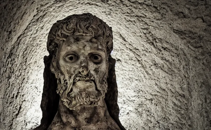 Prompt: decrepit creepy statue of the archangel gabriel staring at the camera, in the middle of a cavernous dark old catacomb, realistic, pitch black, depth of field, wide shot, sinister, bad lighting, foreboding, blurry, grainy photo