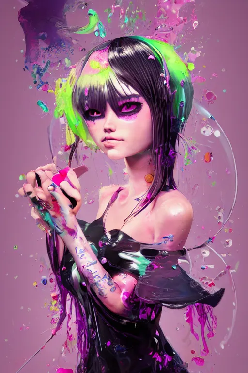 Prompt: epic 3 d abstract emo girl, spinning hands and feet, 1 2 mm, with kawaii black and pastel pink peanut butter melting smoothly into asymmetrical bubbles, liquid, delicate, beautiful, intricate, houdini sidefx, trending on artstation, by jeremy mann and ilya kuvshinov, jamie hewlett and ayami kojima