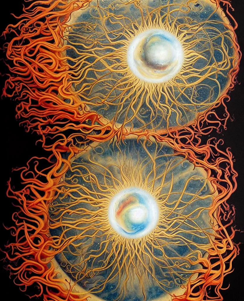 Image similar to a wild child creature radiates a unique canto'as above so below'while being ignited by the spirit of haeckel and robert fludd, breakthrough is iminent, glory be to the magic within, in honor of jupiter's day, painted by ronny khalil