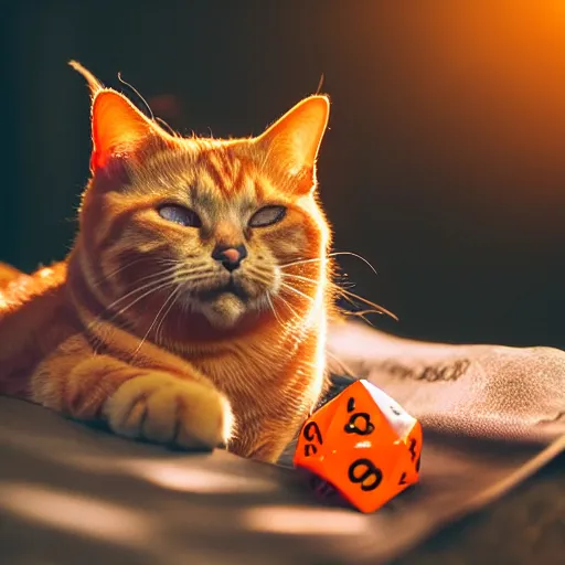 Image similar to realistic orange tabby cat lying in a sunbeam, the cat is next to a pile of D&D polyhedral dice, the cat is sleeping, award-winning photography, cozy, golden hour