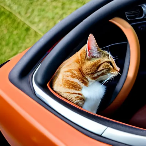Image similar to top view of cabriolet, cat sitting in driver seat with paws resting on top of steering wheel, golden hour, top view