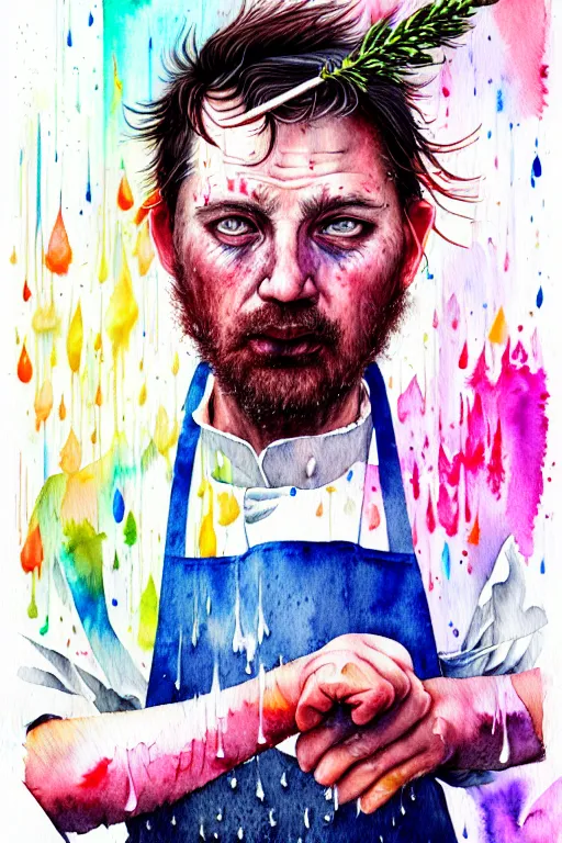 Prompt: watercolor portrait of a butcher with a white apron, raining, romantisism, outrun, pastel colors, painting, dramatic, detailed, by android jones