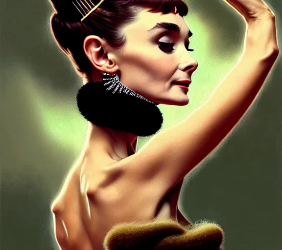 Image similar to photography audrey hepburn with hands - up and hairy armpits, dressed like cleopatra, deep focus, intricate, elegant, highly detailed, digital painting, artstation, concept art, matte, sharp focus, illustration, art by artgerm and greg rutkowski and alphonse mucha and gil elvgren