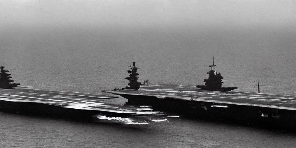 Prompt: a black monolith floats in the sky above an aircraft carrier 1 9 5 0, archive photo