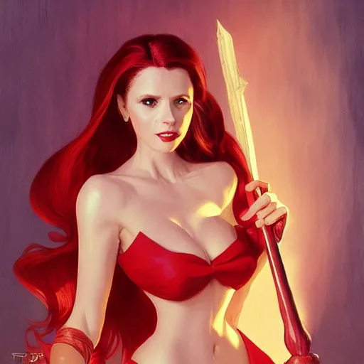 Image similar to buffy the vampire slayer dressed as jessica rabbit holding a large wooden stake, intricate, elegant, highly detailed, digital painting, artstation, concept art, matte, sharp focus, illustration, in the style of magic the gathering, art by artgerm and greg rutkowski and alphonse mucha