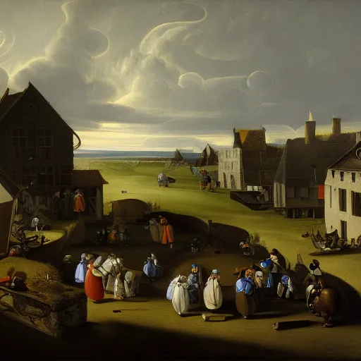 Image similar to dark solar eclipse, above a village, highly detailed, studio 4 k quality, by pieter claesz