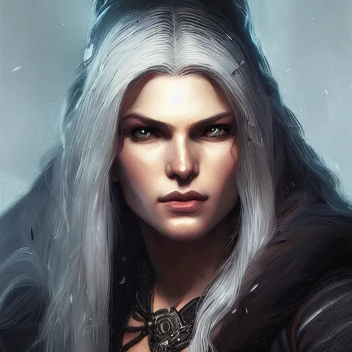 Prompt: A female version of Geralt from the witcher, intricate, elegant, highly detailed, digital painting, artstation, concept art, smooth, sharp focus, illustration, art by artgerm and greg rutkowski and alphonse mucha