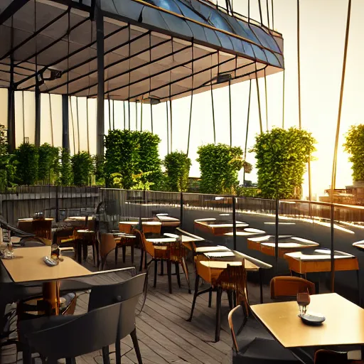 Image similar to modern rooftop restaurant inspired by plant structures and biomimicry, modern lighting, hyper - realistic, hyper - detailed, 8 k, octane rendered, art nouveau, organic, flowing. torsion, dynamic, golden ratio, epic composition